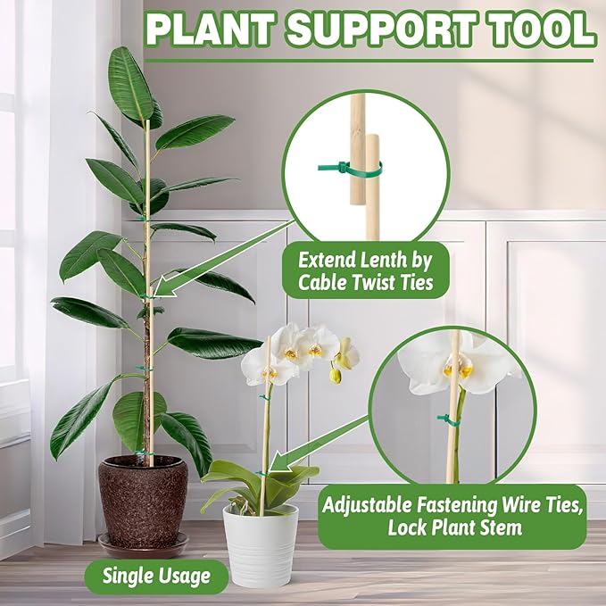 AUGSHY Plant Stakes 18 Inch, 40 PCS Natural Bamboo Garden Stakes which Green Ties Plants Support Stakes for Indoor Outdoor Plants Tomato Vegetable Beans Potted Climbing Plants