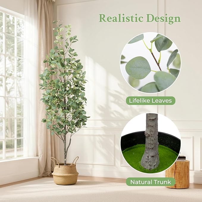 6FT Artificial Eucalyptus Tree with Wicker Basket & Black Pot, Indoor Green Faux Eucalyptus Trees, Fake Eucalyptus Plants with Lifelike Leaves & Natural Trunk for Home Office Bedroom, 2 Pack