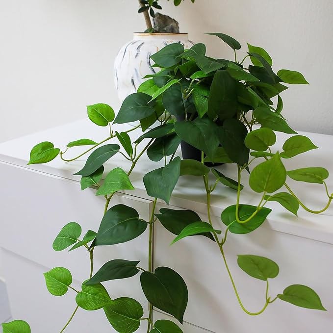 Fake Pothos Hanging Plants, 33" Potted Artificial Hanging Plant, Faux Pothos Silk Vines Hanging Plant Greenery for Home Living Room Indoor Decor