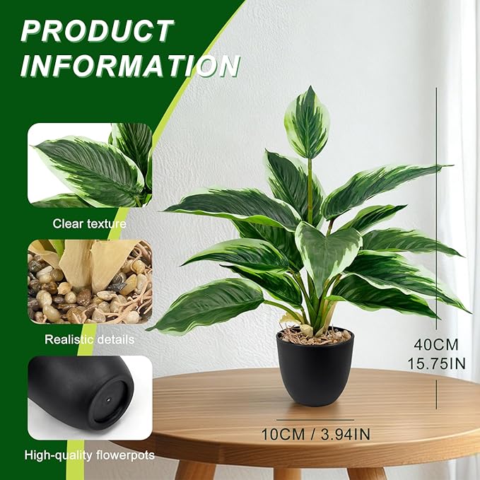 2 Pack Artificial Potted Plants, 16" Fake Plants Indoor in Black Pots for Home Bathroom, Office Desk, Shelf - Realistic Faux Greenery for Living Room, Kitchen, Farmhouse Decor