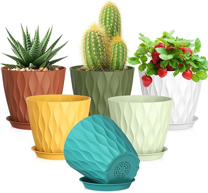 Meowell 5 inch Plant Pots for Indoor Outdoor Plants, 6 Pack Thick Nursery Pots with Drainage Holes and Saucers, 3D Modern Wave Texture Small Plastic Planter Flower Pots, Multicolor
