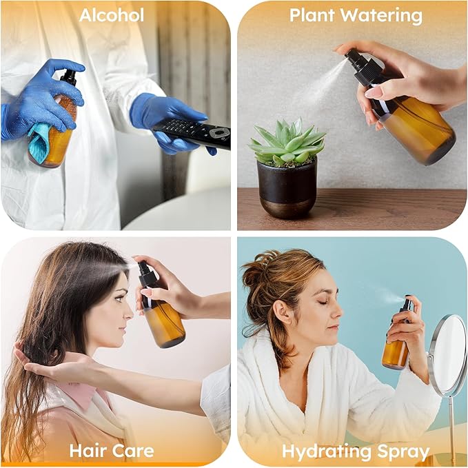 Tecohouse Amber Glass Spray Bottles 8.8 oz, 3 Pack Empty Spray Bottle for Essential Oils, Small Glass Bottles for Cleaning Solutions, Plants, Hair with Durable Nozzle, Labels, Funnel