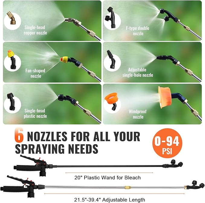VEVOR 4 Gallon Battery Powered Backpack Sprayer with Wheeled Cart, Adjustable 0-94 PSI, 13FT Hose, 6 Nozzles, 2 Wands Included, Wide Mouth Lid for Weeding, Cleaning, Long Spray Time Without Fatigue