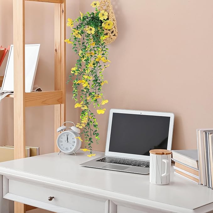 FAVOWREATH Fake Plants Hanging Artificial Potted Faux Eucalyptus Plants and Flowers for Modern Boho Farmhouse Bathroom Office Desk Wall Book Shelf Living Room Aesthetic Decor Indoor (Yellow)
