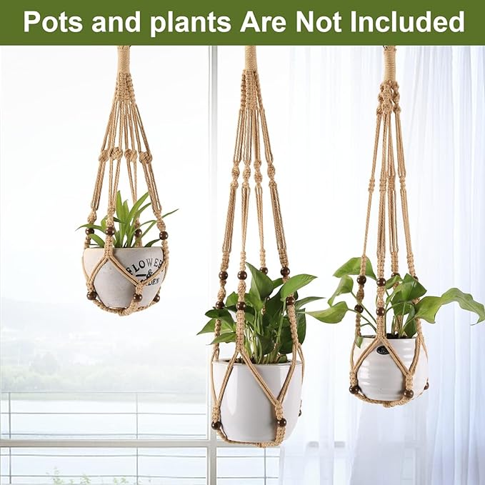 3-Pack Macrame Plant Hanger Indoor - Hanging Planter Basket for Indoor Outdoor - Decorative Boho Plant Holders Set with Beads - Ceiling Flower Pot Holder with 6 Hooks - 35"/30"/24" Linen