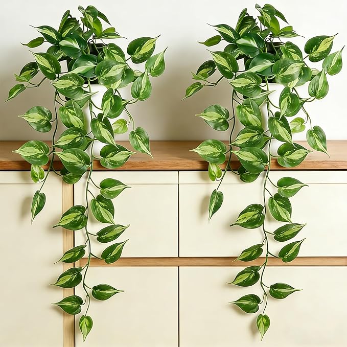 Fake Pothos Hanging Plants with Pots, 33.5" Set of 2 Faux Ivy Vines, Realistic Silk Artificial Plants Greenery for Home Indoor Decor, Living Room, Desk Shelf, Bathroom Decoration