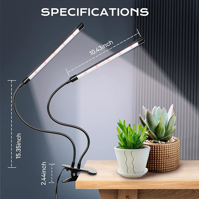 iPower LED Grow Light with Full Spectrum for Indoor Plants, Adjustable Gooseneck, 5 Dimmable Levels, 3 Auto Timing Modes, White