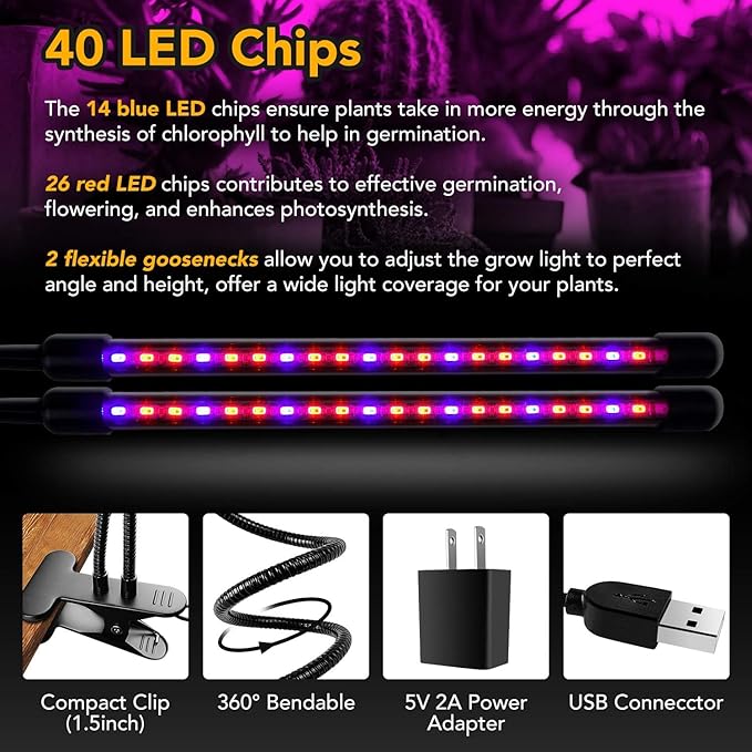 iPower LED Grow Lights for Indoor Plants, Full Spectrum Plant Growing Lamp with Red Blue LEDs, 11-Level Dimmable, Auto On Off with 3/9/12H Timer, 2 Tubes