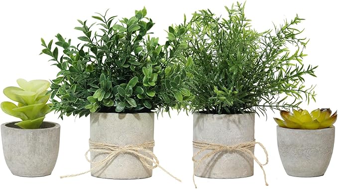 4 Pack Small Fake Plants in Pot for Home Decor, Artificial Plants Indoor, Small Faux Succulents Plants Indoor for Bathroom Bedroom Kitchen Office Farmhouse Room Shelf Decor