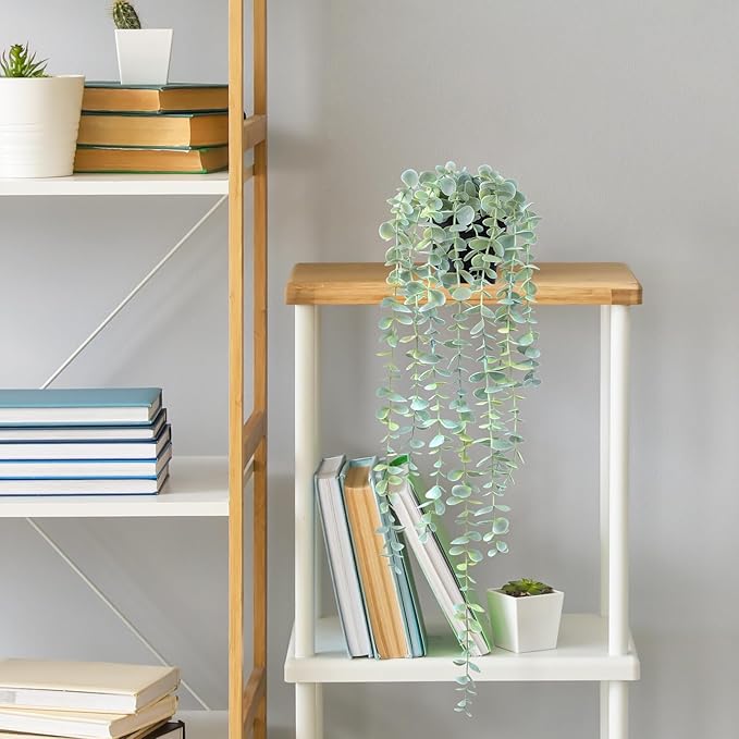 Fake Hanging Plant Eucalyptus Artificial Faux Plants Indoor Small Wall Greenery Decor for Shelf with Black Pot Soft Green 1PCS 23Inch Long