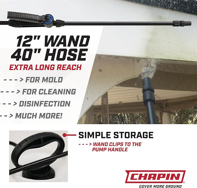 Chapin 20075 Bleach Pump Sprayer, 1‑Gallon, Lawn & Garden, Bleach‑Resistant Poly Tank, Funnel‑Top, Anti‑Clog Filter, Adjustable Cone Nozzle, 40" Hose for Cleaning, Mold & Disinfecting Applications