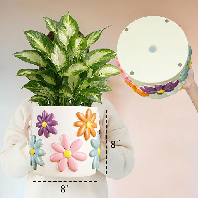 GUGUGO 8 Inch Daisy Planters, Decorative Large Plant Pots with Drainage Holes, Funny Unique Flower Pot for Indoor Plants, Colorful Gardening Pot for Boho Modern Home Décor, White