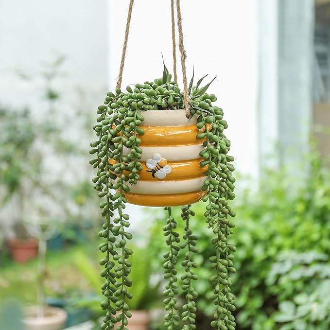 Hanging Ceramic Planter 5 Inch Cute Bee Plant Pots Indoor Outdoor Yellow Planter Flower Pot Succulent Plant Pot Ceramic Mid-Century