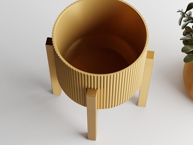 Modern Geometric Planter with Stand – Decorative Indoor Plant Pot with Ridged Top & Smooth Bottom, Stylish Planter for Succulents, Herbs, Small Plants (Gold - Ridges only and Stand)
