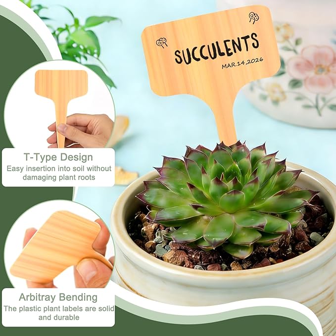 Wanateber 100 Pcs Plastic Plant Labels & Garden Markers with Marking Pen, Waterproof T-Type Plant Tags for Seed Starting, Herb Garden, Vegetable Gardening, Potted Plants & Outdoor Use