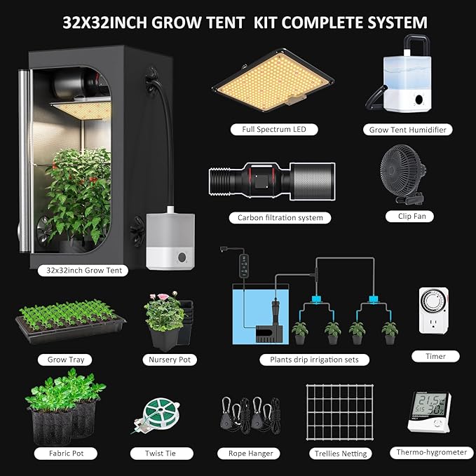 Upgrade Integrated Auto Grow Tent Kit Complete Kit, S1000 LED Grow Light, 32"x32"x64" Grow Tent, 4“ Ventilation with Inline Fan, Carbon Filter, Irrigation Kit, Humidifier and Clip Fan