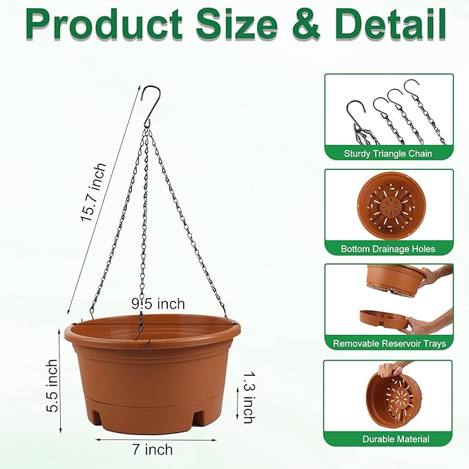 4 Pack 10 Inch Hanging Planters for Indoor Plants, Hanging Baskets for Plants Outdoor with Removable Tray, Plastic Round Hanging Flower Pots with Drainage Holes for Garden Home Decoration (Terracotta)
