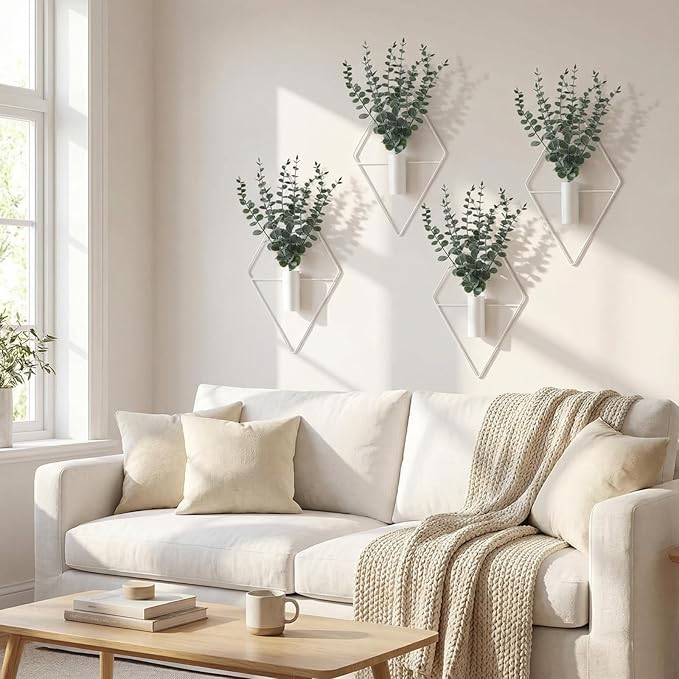 Jexine 8 Pcs Hanging Planters with Artificial Eucalyptus Metal Hanging Vase Indoor Plants Holder Modern Geometric Boho Bathroom Wall Decor for Living Room Home Office (Eucalyptus,White)
