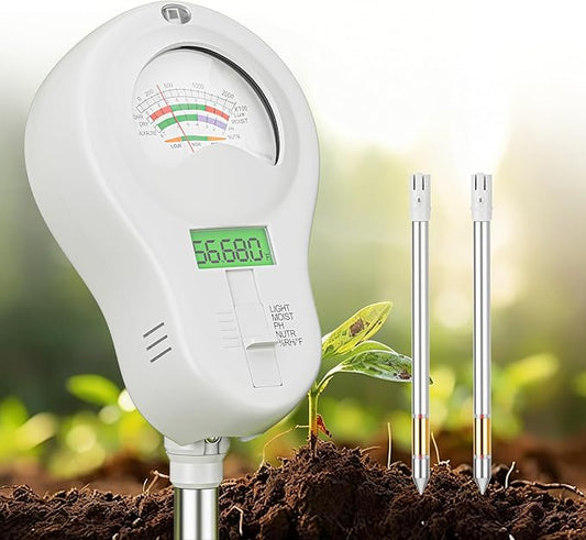 SPECILITE 6-in-1 Soil Tester, Digital Soil Moisture Meter/PH Meter/Sunlight/Temperature/Fertility Monitor with 2 Removable Probe, Dual Screen Soil Test Kit for Gardening, Lawn, Indoor & Outdoor Plant