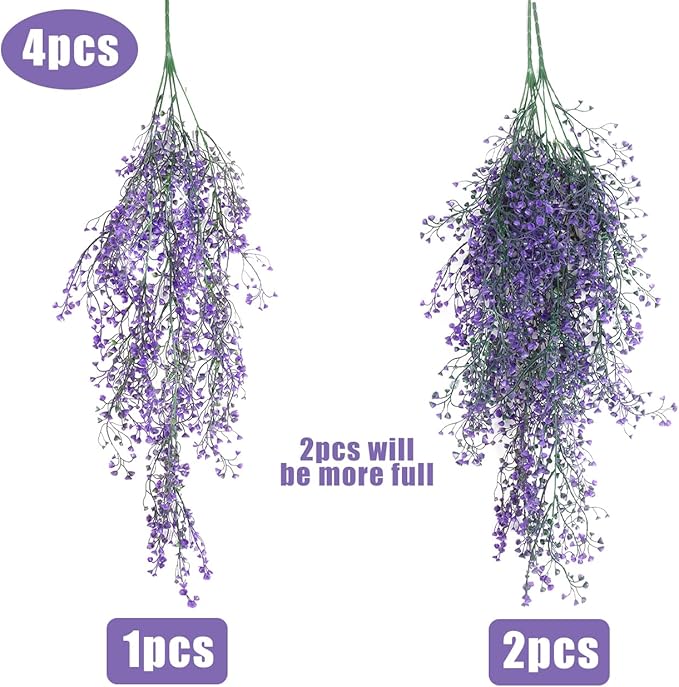 RECUTMS Artificial Hanging Plant 4 Pack Fake Fern with LED Lights Ivy Vines 2.5ft Faux Hanging Greenery Vine for Home Garden Wall Office Wedding Party Decoration (Purple)