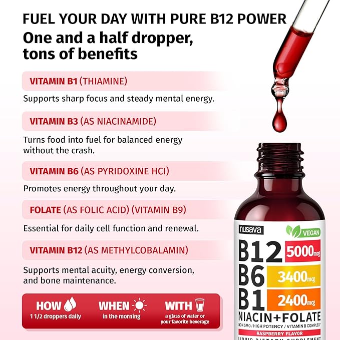 (2 Pack) Vitamin B12 and B6 Liquid Drops, B12 Sublingual Vitamin B Complex - B 12 Vitamin 5000mcg - B12 Methylcobalamin for Energy, Brain, and Heart Support with 27,200 mcg, Raspberry, 80 Servings
