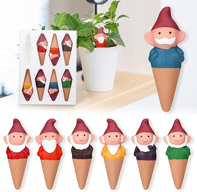 Teenyyou 7 Pcs 3.4 Fl oz Terracotta Self Watering Spikes Cute Gnomes Auto Water Planter Insert Small Watering Globes Slow Vacation Waterer Devices Indoor Outdoor House Plant Accessories