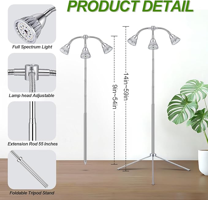 Grow Lights with 3 Heads for Indoor Plants, 10-55 Inches Height Adjustable Aluminum Alloy, Full Spectrum Plant Growing Lamps with Detachable Tripod Stand, Auto On/Off Timer