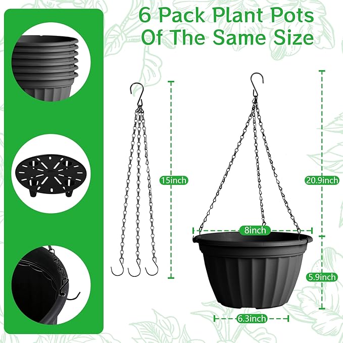 FGstyle 6 Pack Hanging Planters 8 Inch, Self Watering Pots for Indoor Plants, Plastic Hanging Basket with Soil Elevator and 20" Chain for Home Garden Porch Balcony Patio Decor (Black)