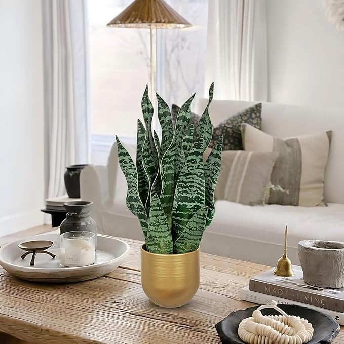 Hollyone Artificial Snake Plant Potted Faux Sansevieria Trifasciata Plants, 16.9" Tropical Mother in Law Tongue Fake Plants in Metal Gold Pots for Home Office Room Indoor Decor Housewarming Gifts