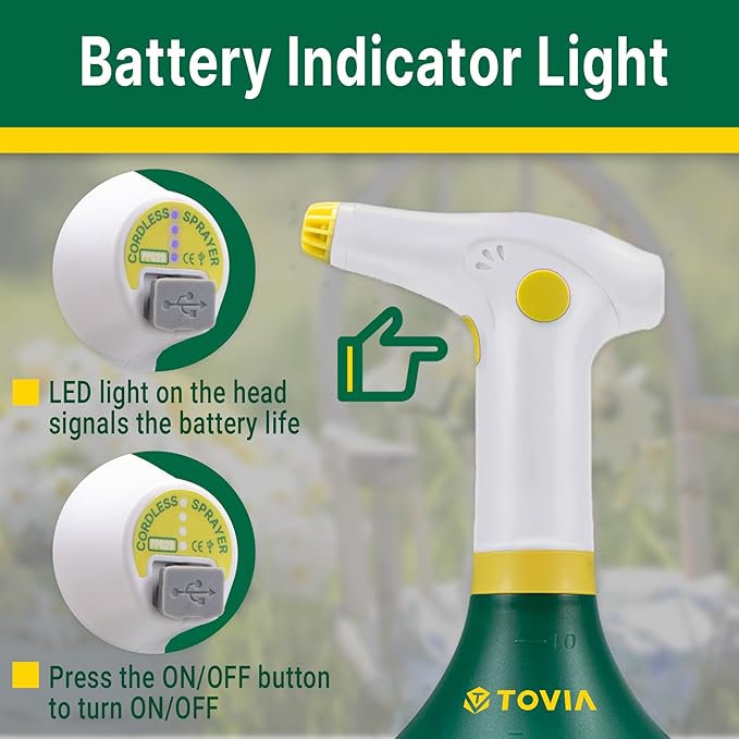 T TOVIA: Garden Sprayer 1 Liter USB-C Battery Spray Bottle Powered Electric, Rechargeable, Portable Garden ， Plant Mister Spray Bottle ， Outdoor and Indoor Plants,Cleans and Gardens, Handheld Powered