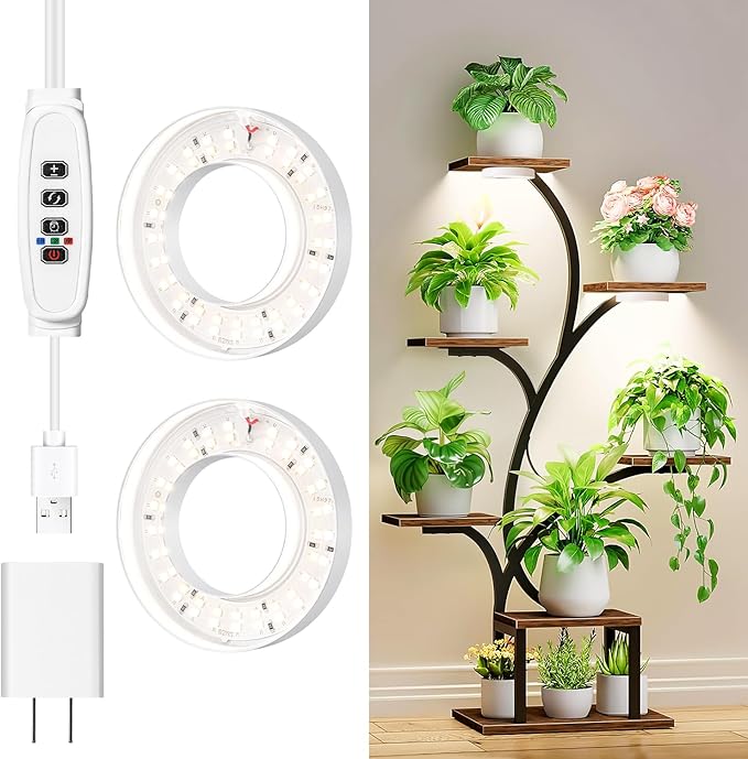 RWNTAO 3.54" Ceiling Grow Light for Indoor Plants, Warm&White Full Spectrum Plant Light, Growing Lamp with 6/12/16H Auto Timing, 10 Dimmable Brightness Levels for Small Plants,2Head