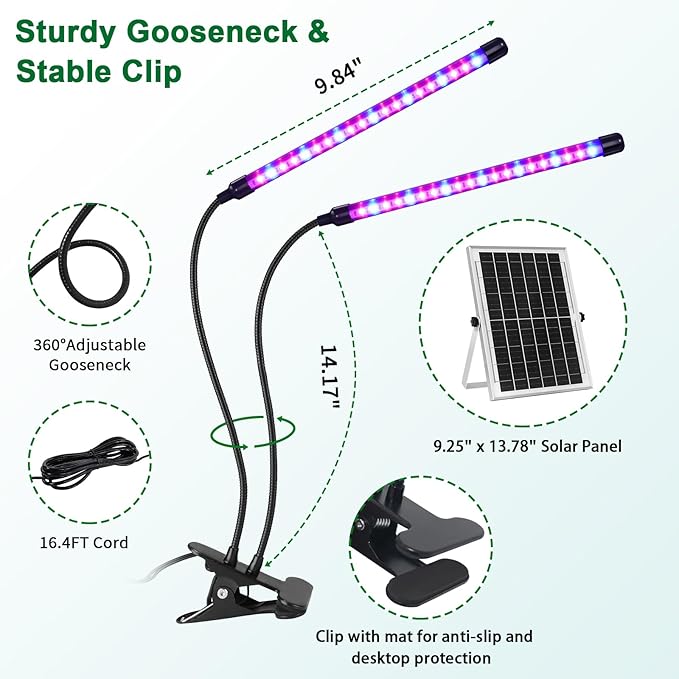 Solar Grow Lights with Batteries, 2 Heads Clip Plant Growing Lamp with Red Blue Spectrum for Indoor Plants, 3/9/12H Timer, 3 Dimmable Level, Adjustable Gooseneck,3 Switch Modes, Auto On Off