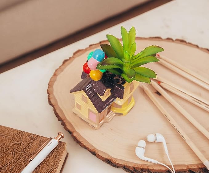Silver Buffalo Disney and Pixar Up House 5-Inch Ceramic Mini Planter with Artificial Succulent | Small Flower Pot for Crafts, Faux Indoor Plants for Desk Shelf, Cute Home Decor Trinket Tray