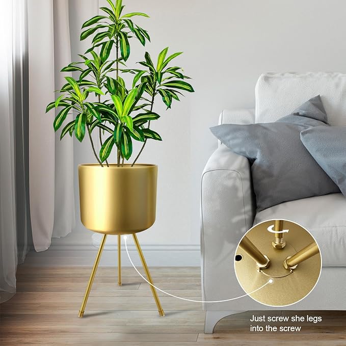 Mid-Century Metal Flowerpot with Stands, Gold Stylish Modern Floor-Standing Flowerpot,Suitable for Orchid, Aloe Indoor Outdoor Decoration 8.5'' Wide 18'' high