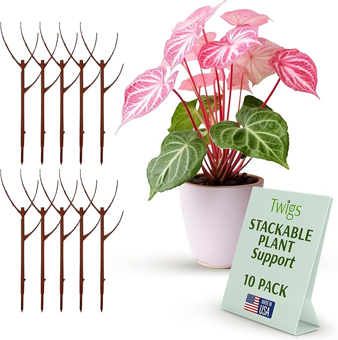 Twigs GA - Stackable Plant Support Stakes, Indoor & Outdoor Houseplant Stem Support, Garden Accessories, Durable Trellis Alternative for Climbing & Potted Plants - Begonia Red, 10 Pack, 17" L