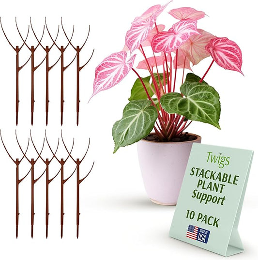 Twigs GA - Stackable Plant Support Stakes, Indoor & Outdoor Houseplant Stem Support, Garden Accessories, Durable Trellis Alternative for Climbing & Potted Plants - Begonia Red, 10 Pack, 17" L