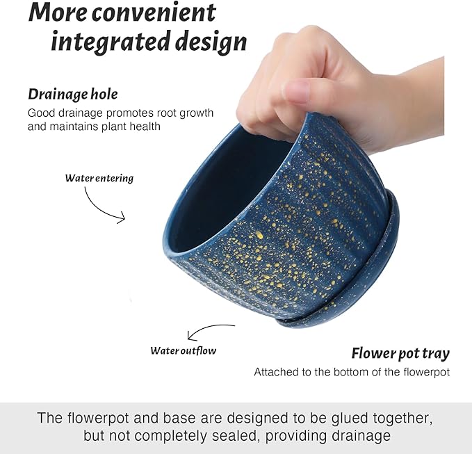 STHIE 4/5/6 Inches Ceramic Plant Pots with Drainage Holes and Saucers, Round Flower Pots for Indoor Plant, Modern Flower Planters Set of 3 (Blue with Dot-Big Size)