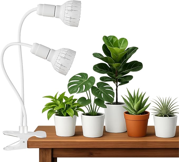 LED Grow Light, Dual-Head 5000K White Full Spectrum Clip-on Gooseneck Plant Lamp for Indoor Desk Plants Growing with 4/8/12H Timer, Bulb Replacement & Smart Plug Compatible (24W Equivalent 160W)