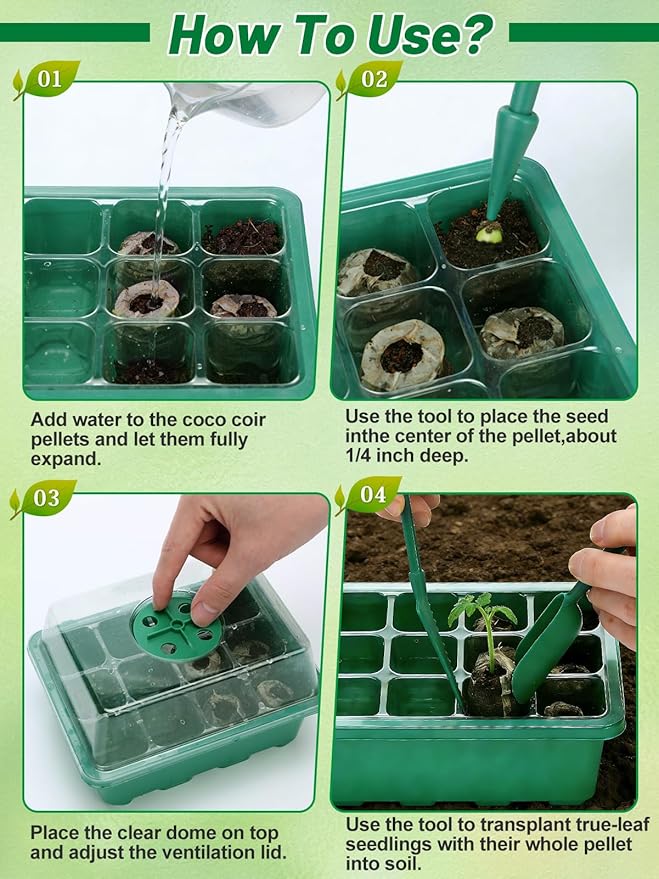 Apipi 5 Pack Seed Starter Kit with 60 Coco Coir Pellets - 60 Cell Seed Starter Trays with Domes for Indoor Greenhouse Germination, Home Gardening System for Vegetables/Herbs/Flowers