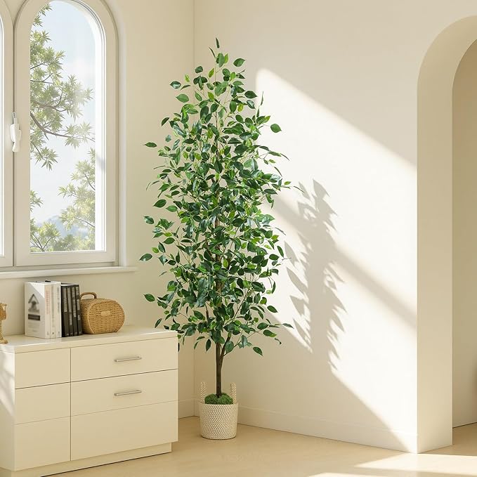 Caxchiling Fake Ficus Tree 6FT, Artificial Tree with Pot for Indoor Outdoor, Lifelike Faux Floor Plants with Moss Topper and Cotton Basket, Home Office Living Room Bedroom Doorway Hallway Decor
