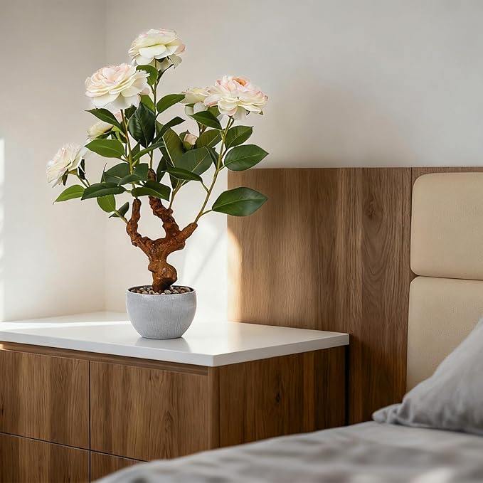 TOARTi Artificial Camellia Potted Plant with Stone Pot, 20" Tall Fake Potted Flowers Faux Desk Plant, Realistic Decorative Plants Indoor Decor for for Home Bedroom Bathroom Office Desk