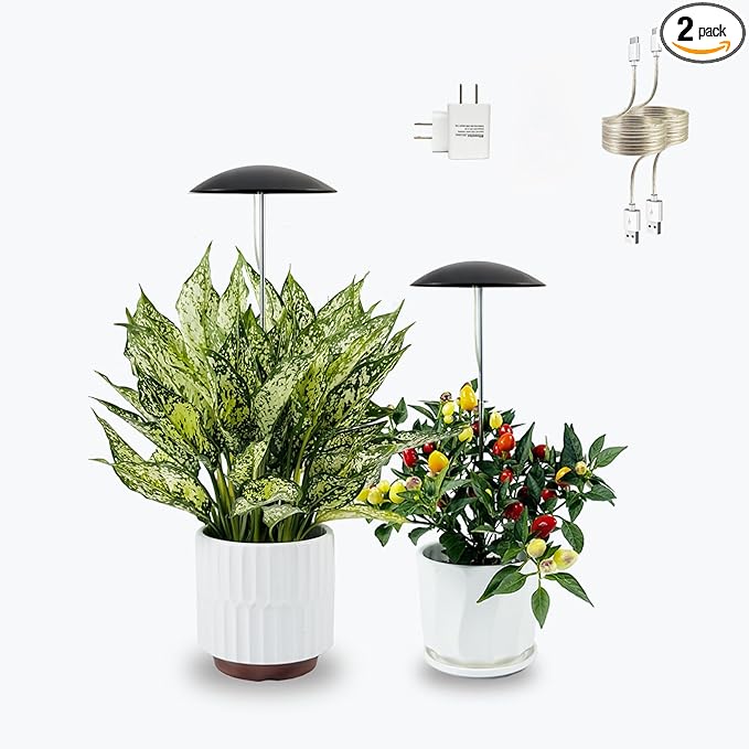 LED Grow Lights for Indoor Plants, Sun Mode Auto Dimming, USB Small Full Spectrum Plant Lights, Height Adjustable, Ideal for Home Decoration, 2 Pack, Black
