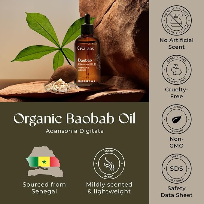 Gya Labs Baobab Oil - 1.7 Fl Oz - Carrier Oil for Hair, Skin, Face, Scalp & Body Massage