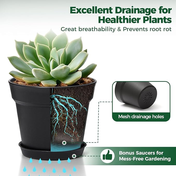 T4U 5 Inch Plant Pot 8-Pack, Plastic Pots with Drainage Hole and Saucer, Decorative Flower Pots Bulk for African Violet, Snake Plant, Succulent and All House Plants Indoor (8pcs 5" Pots, Black)