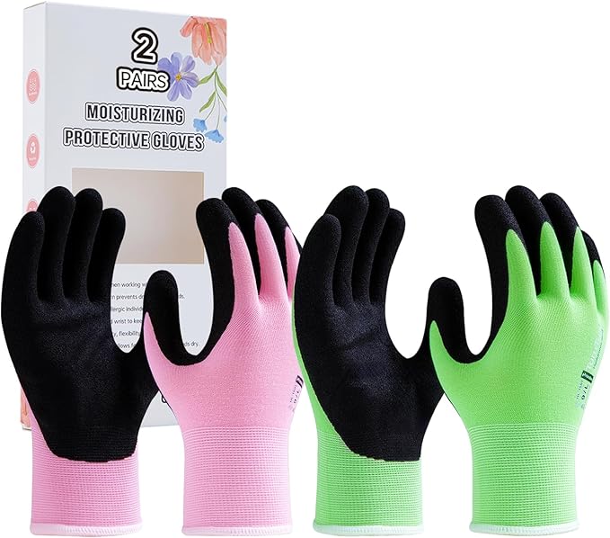 HandLove 2 Pairs Gardening Gloves for Women-Moisturizing Durable Work Gloves.Latex-free Sandy Nitrile Coated for Yard Garden,Touchscreen Friendly Protective Work with Grip, Small,Pink&Green