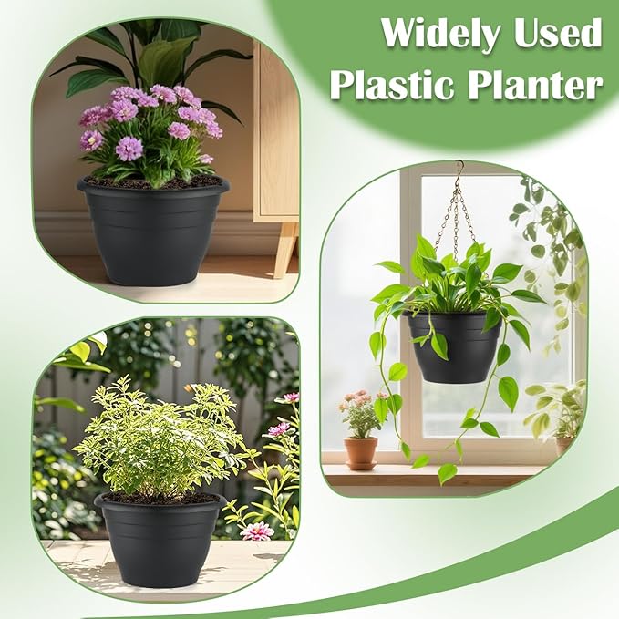 RooTrimmer 3 Pack 11 Inch Plant Pots,Plastic Flower Pots with Drainage Holes,Lightweight Durable Planters for Indoor Outdoor Plants,Modern Decorative Pots for Patio Garden(Black)