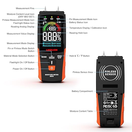 LASELION 2-in-1 Pin & Pinless Moisture Meter MS03 – Accurate Moisture Detection for Wood, Concrete, Drywall, and More – LCD Display with Hold Function, Flashlight, and Auto Power Off