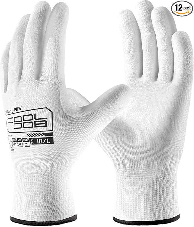 COOLJOB 12/60 Pairs Safety Work Gloves Pack Bulk with Grip PU Coating, 13 Gauge Seamless Knit Gloves with Polyurethane Dipped for Warehouse Working, Breathable Lightweight for Men Women, White Large