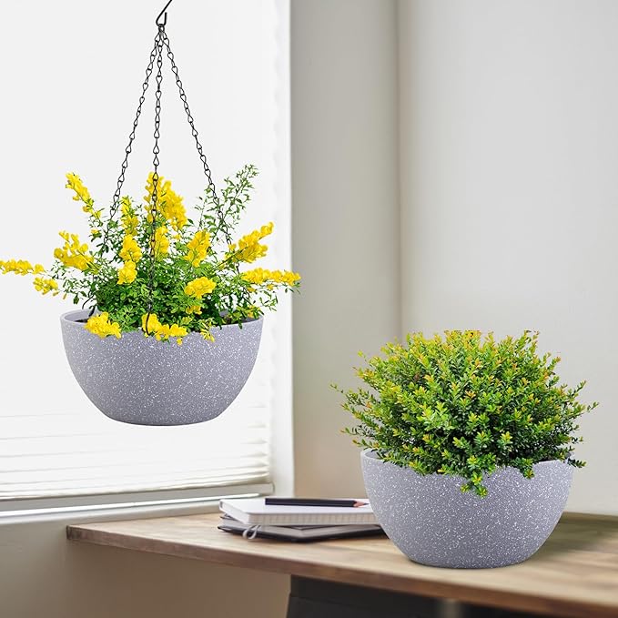 Meowell 8 inch Small Hanging Planters for Indoor Outdoor Plants, 2 Pack Hanging Flower Pots with Drainage Holes and Chain for Garden Porch, Plastic Hanging Baskets for House Plants, Speckled Grey