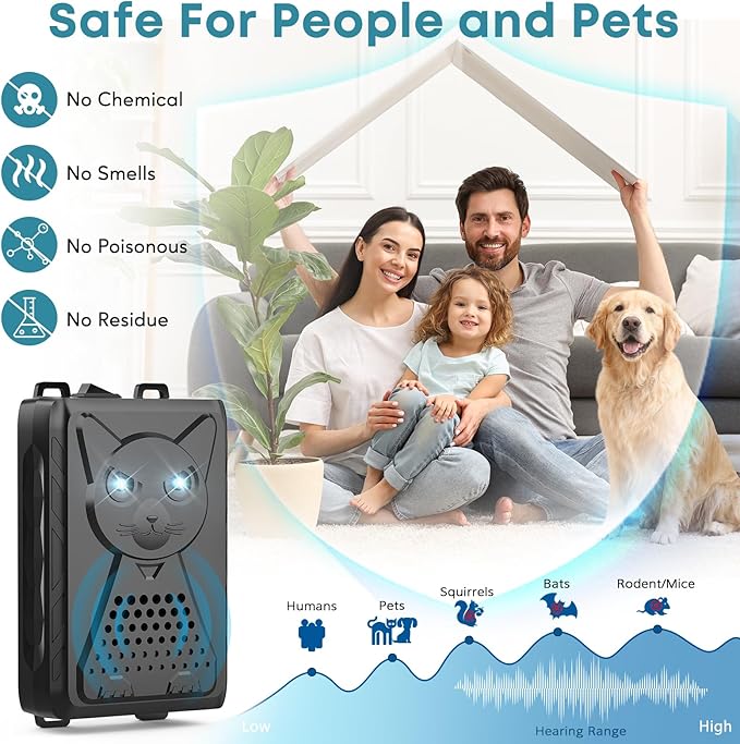 Ultrasonic Pest & Rodent Mouse Squirrels Repellent,1 Pack Plug-in Electronic Rat Bat Bug Spider Repeller, Battery Operated Deterrent Control Mice for Car Engines, Replace Mouse Traps Indoor, Outdoor
